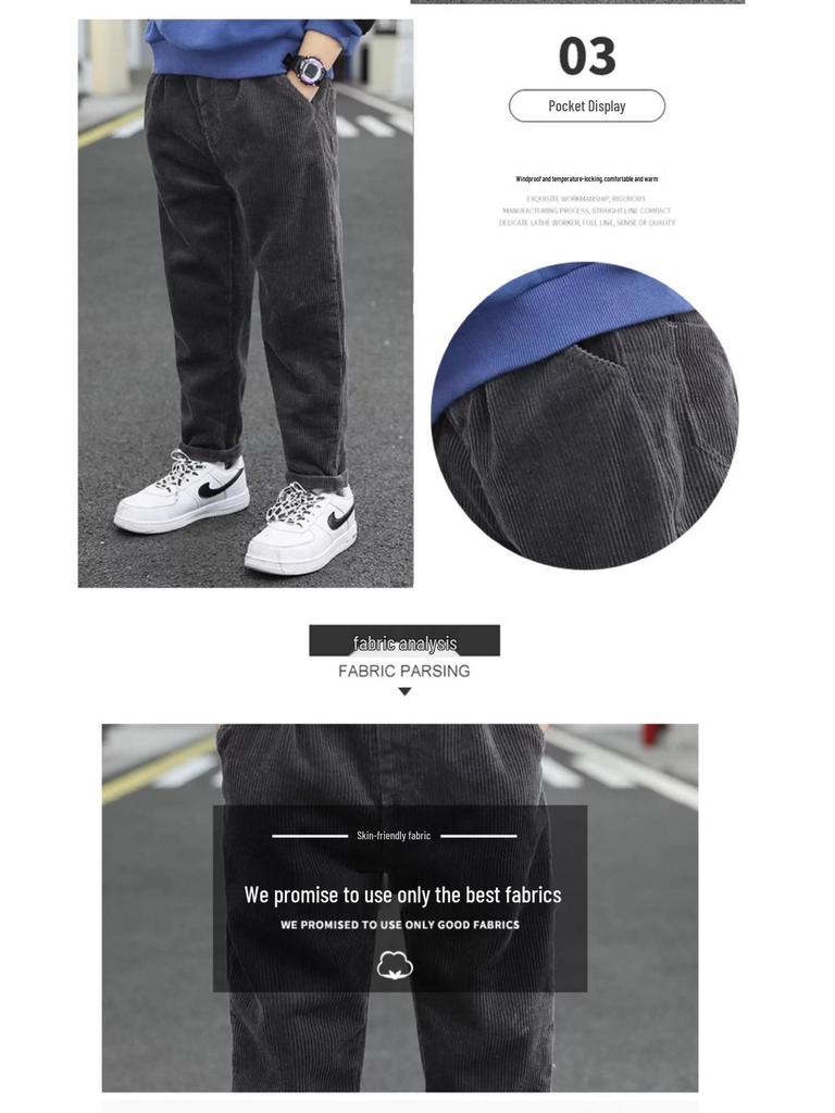 Boys' Corduroy Plus Velvet Winter Pants - New 2025 Style Long Sweatpants for Kids