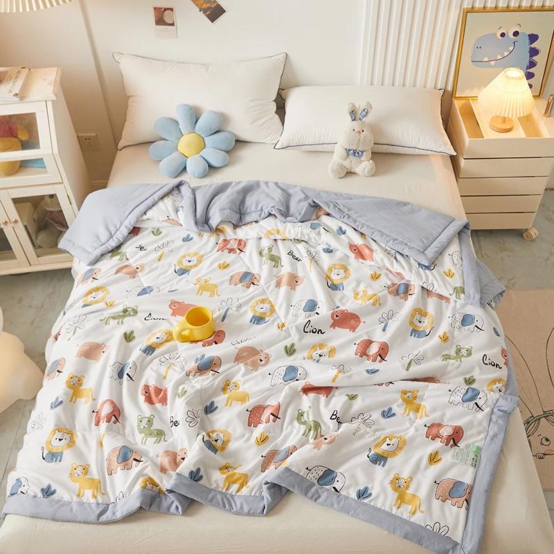 Cute Zoo Animals Print Quilt Bedspreads Children Adults Thin Comforter Summer Quilt Single Double Bed Air-Condition Bed Blanket
