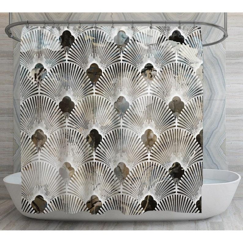 Sunburst Shower Curtain - Linear Rays, Gray & Brown, Mid-Century Modern Design W90XH180cm