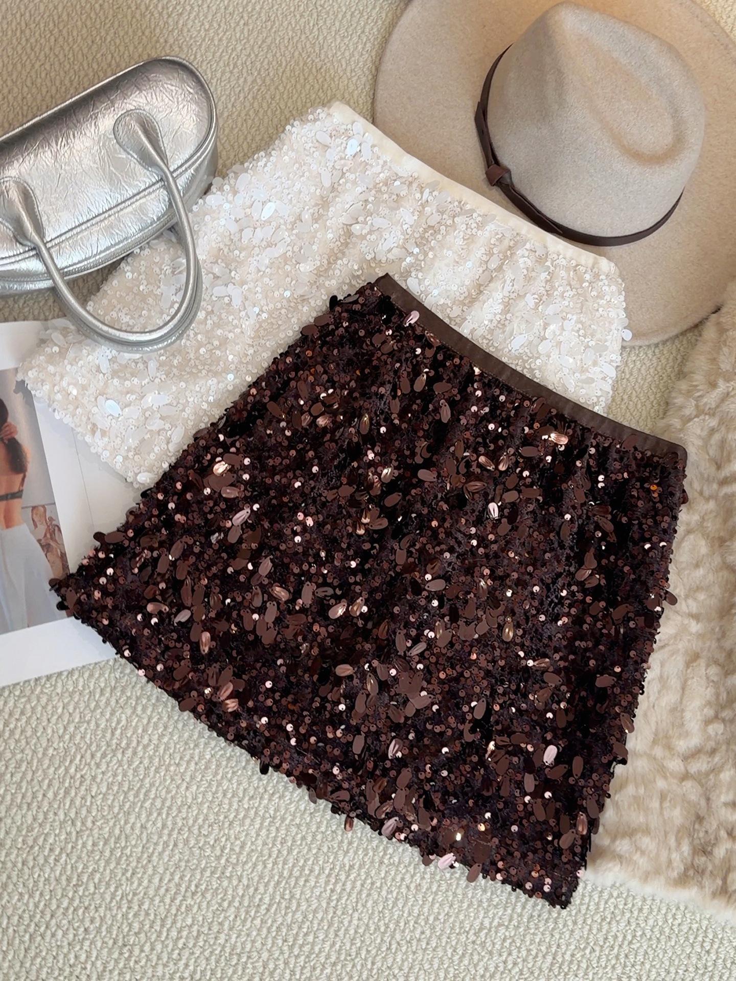 Elegant Black Sequin High-Waisted A-Line Midi Skirt - Women s 2025 Autumn/Winter Collection Large темный кофе