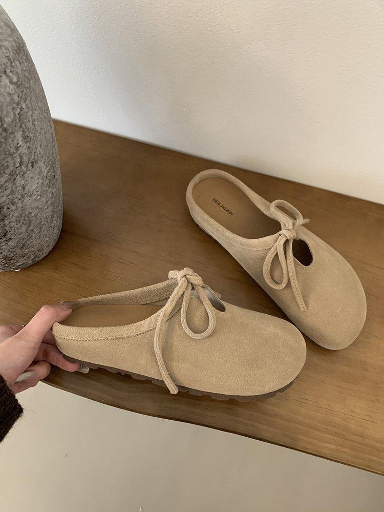 Retro Mori Bag Head Half Slippers Women's Outer Wear 2025 Autumn New College Style Versatile Lace-up Lazy Boken Shoes