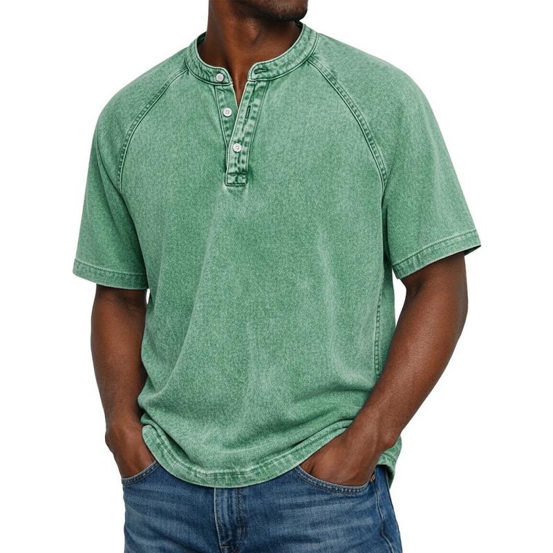 

Mens Casual Washed Denim Henley Neck Short Sleeve T Shirt L зелений