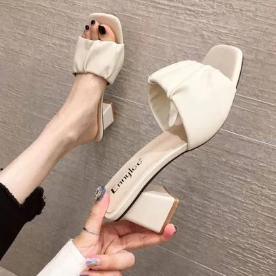 Fashion Heeled Naked Color On Word Sandals Low Heel Woman Slippers Rubber Outside Off-white Open Toe Shoes for Women Slides Job 39 Eva I