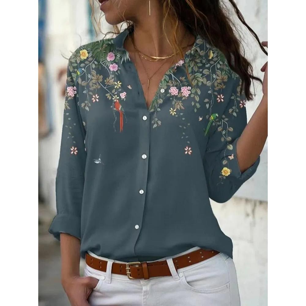 Autumn Women's Flower Print Shirt Fashion Button Top Slim Fit Comfortable Women's Button V-neck Casual Long Sleeve Shirt