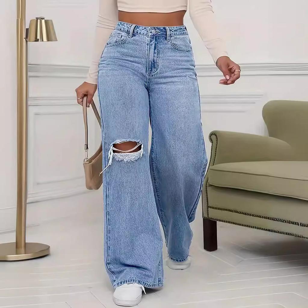 Washed Personality Hole Loose High Waist Wide Leg Floor Jeans