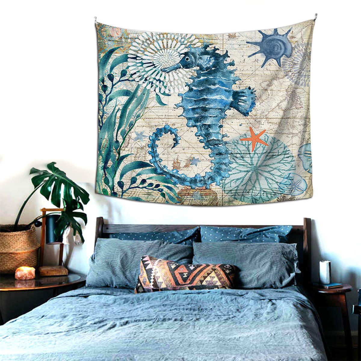 

Подводный ретро-синий гобелен с морскими существами, украшение домашней гостиной, подвесной тканевый гобелен, доступно несколько стилей 100x150