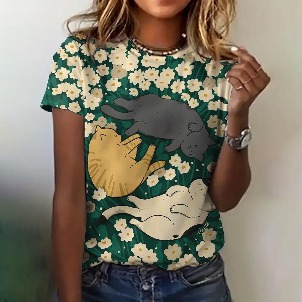 Abbigliamento Donna Stampa Gatto Anime Girocollo Manica Corta Estivo Ampio Casual Top Appuntamento Elegante