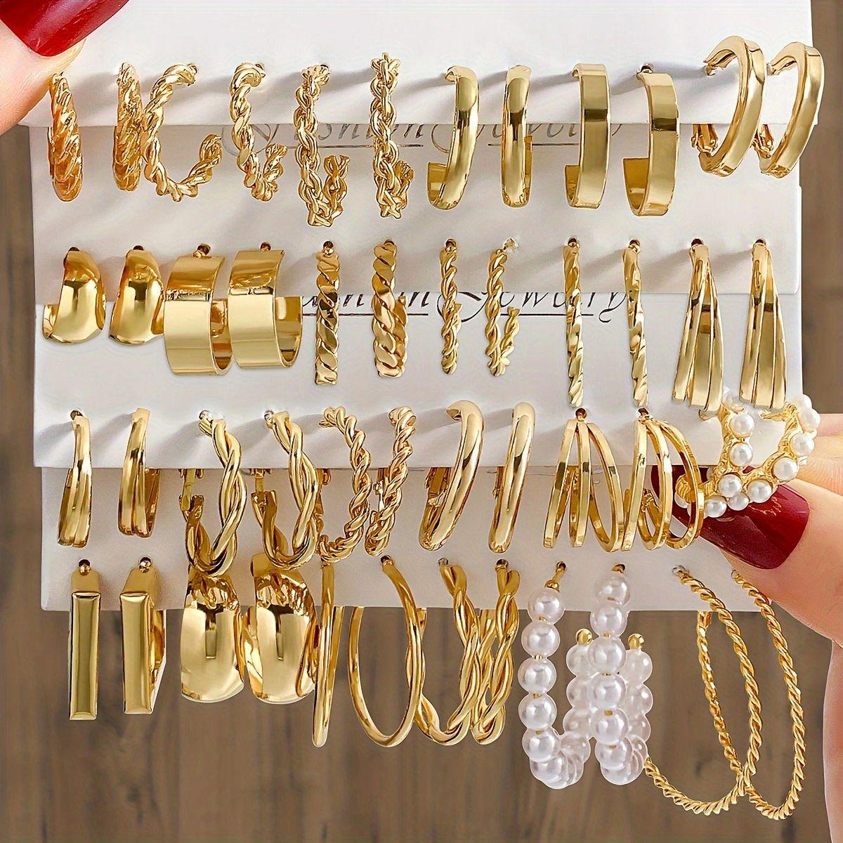 Geometric Pearl  Metal Twist Hoops: Retro European Square Earring Set