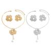 2Pcs/Set Women Necklace Earrings Set Hollow Flower Shape Imitation Pearl Decor Stud Earrings Adjustable