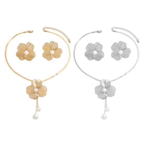 2Pcs/Set Women Necklace Earrings Set Hollow Flower Shape Imitation Pearl Decor Stud Earrings Adjustable