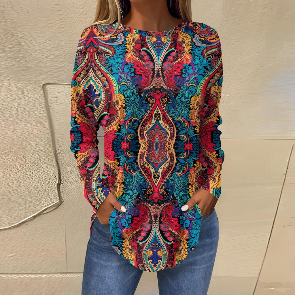 Cămăși Pentru Femei Drăguțe Tricou cu Imprimeu Model Vintage Mânecă Lungă Tunici Pulovere din Bumbac