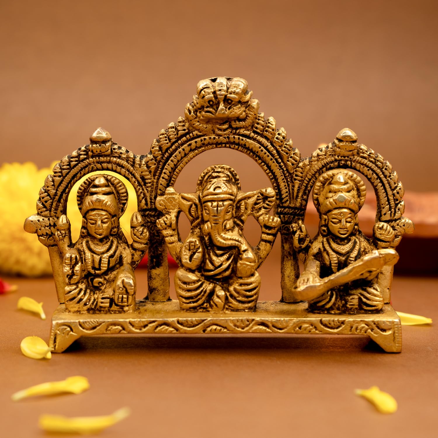 100% Pure Brass Lord Laxmi Ganesh & Saraswati Murti, God Idol, Gold Size- 8.0 Cm