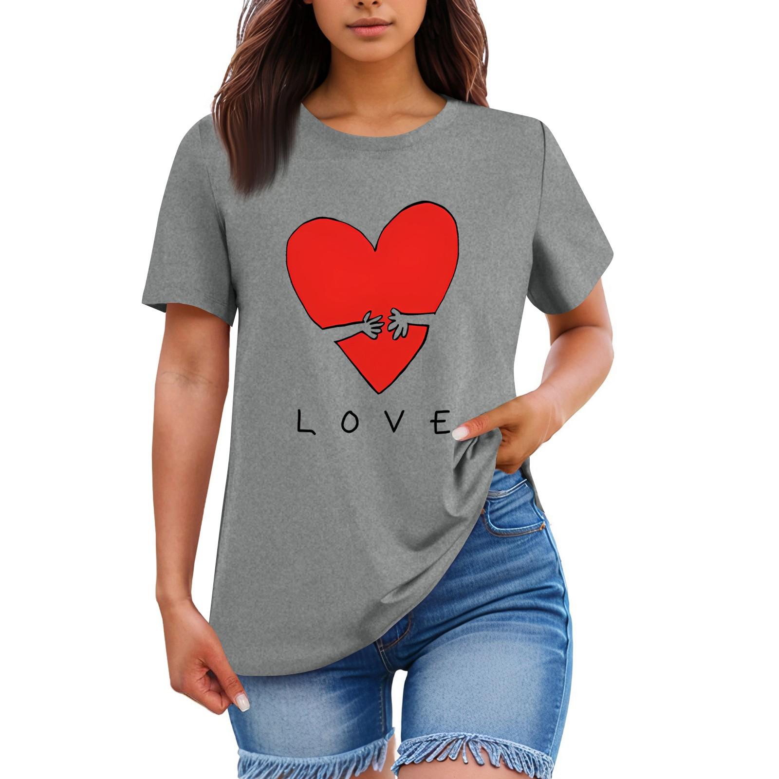 

Ladies Loose Comfortable Casual Fashionable Heart And LOVE Character Pattern Printed Round Neck Short Sleeved Shirt M