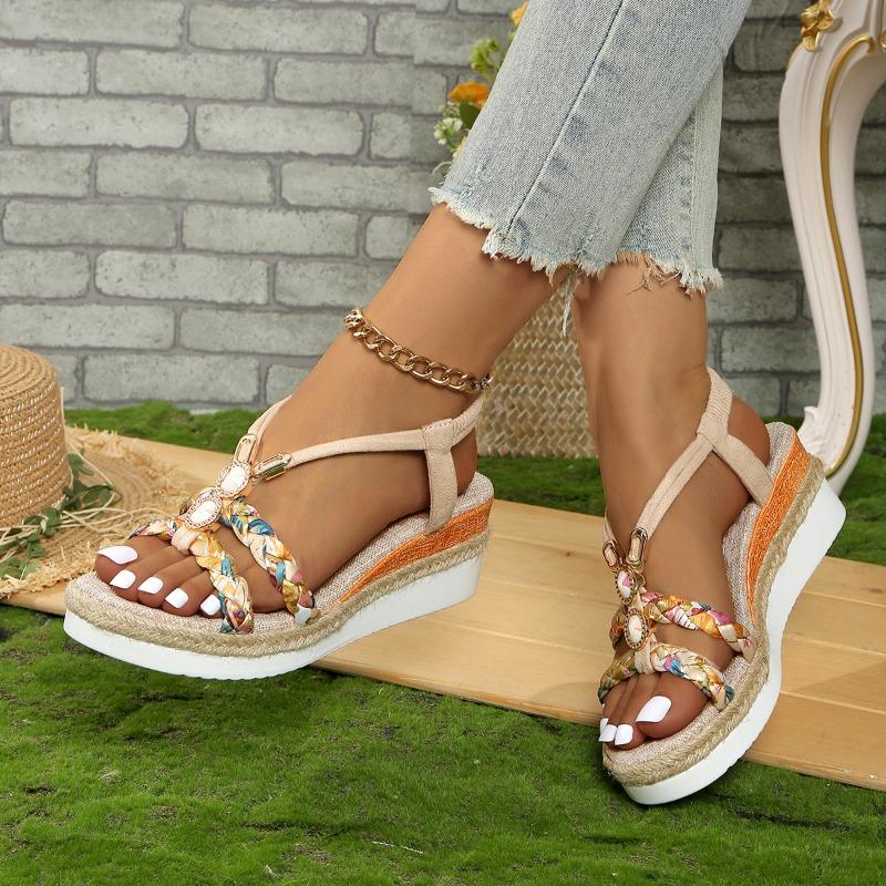 New Fashion Versatile Comfortable Bohemian Sandals Women's Rhinestone Open-toed Women's Wedge Heel Platform Sandals