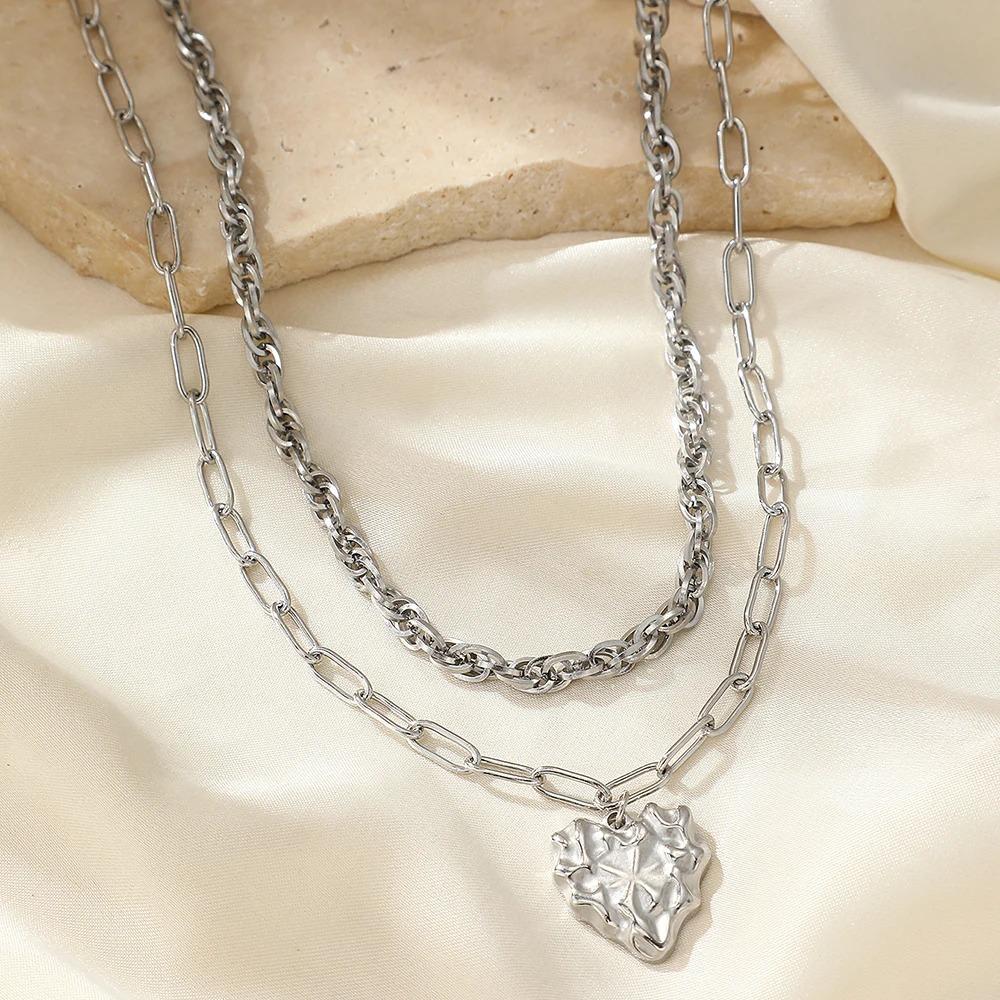 Stainless Steel Necklace Irregular Heart Two Layers Stacked Collarbone Chain Women's Fashion Light Luxury High Jewelry Party