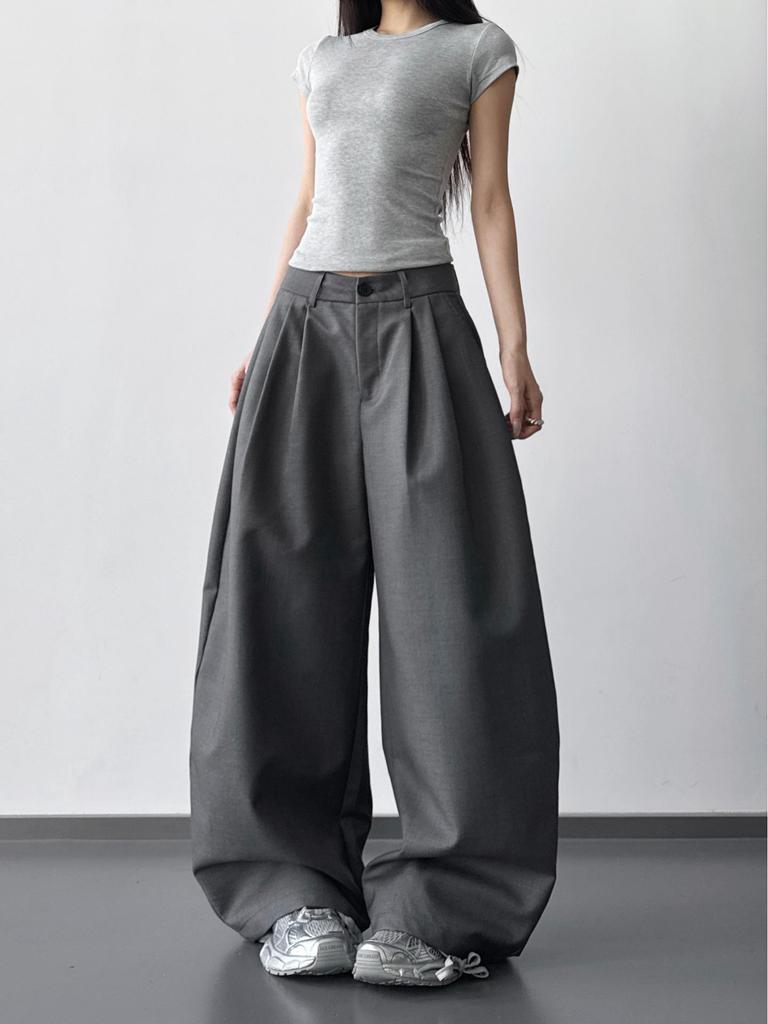 2026 Women's Spring High-Waisted Grey Wide-Leg Suit Pants - Loose, Slimming, Long, Drapey Casual Fit