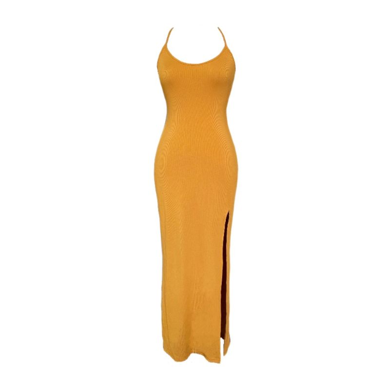 

Ooh Itch Sexy Silm Backless Slip Dress Fashion Tight Basic Style Sleeveless Split Dress Yellow XS