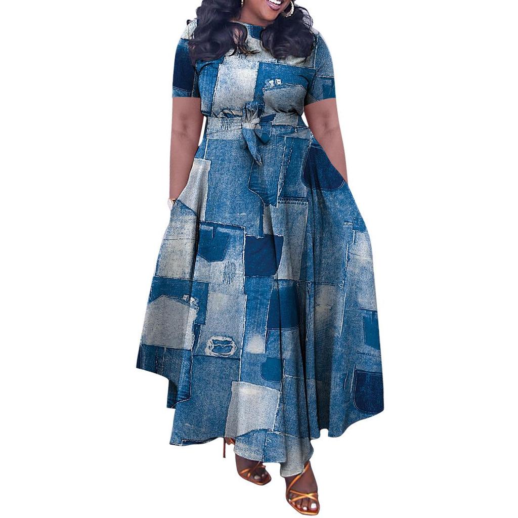 Women's Plus Size Elegant Lace-up African Long Dress - Spring/Summer 2024 Fashion