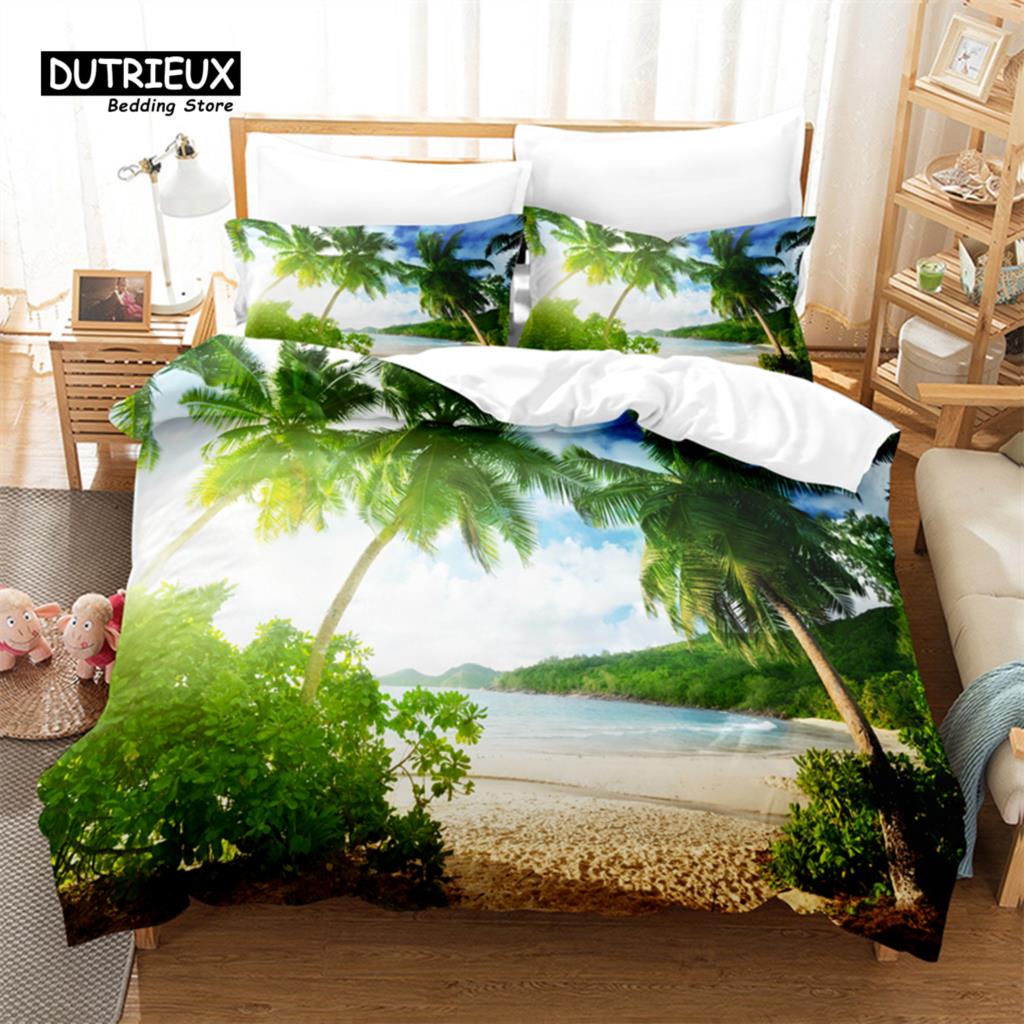 Seaside Beach Bedding Set, 3Pcs Duvet Cover Set, Soft Comfortable Breathable Duvet Cover, For Bedroom Guest Room Decor