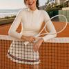 Womens Sporty Tennis Skort Set Long Sleeve Half-Zip Top With Built-in Shorts Anti-See-Through Quick-Dry Breathable Gym Workout