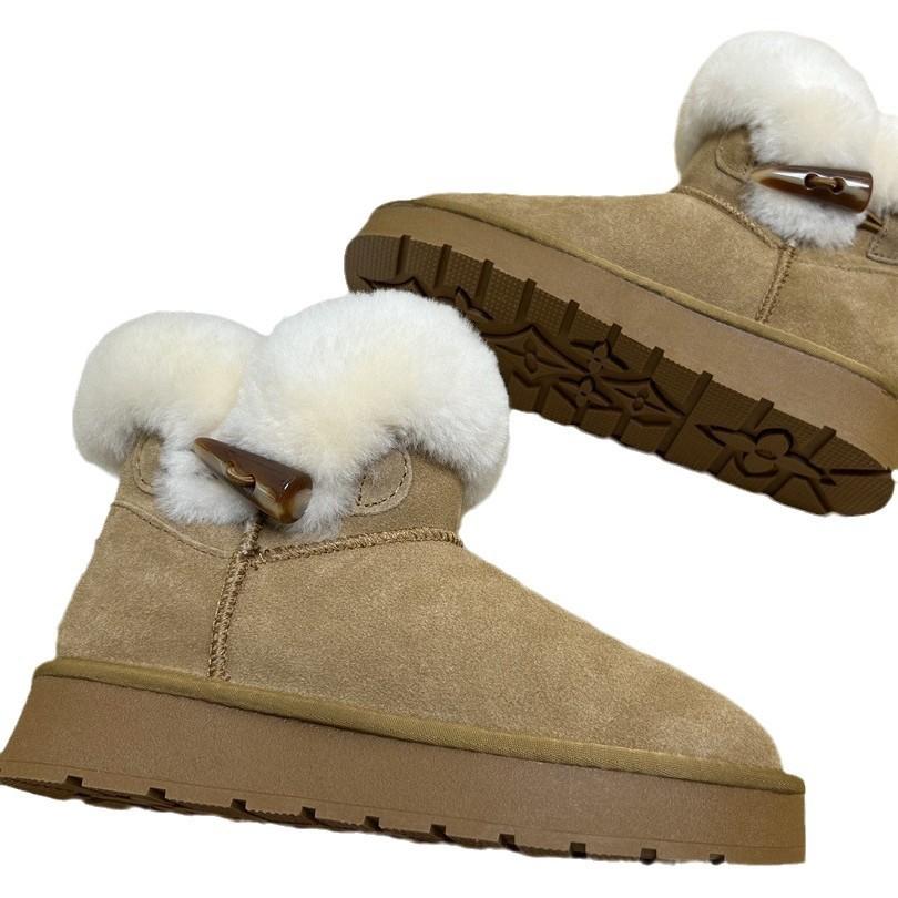 Fur Integrated Snow Boots Women's Short Boots Thick-soled Horn Buckle Women's Boots Autumn and Winter Velvet Warm Cotton Boots Genuine Leather Cotton