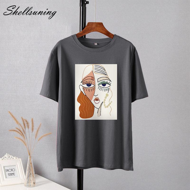 Shellsuning Summer Retro Character Printed T Shirts Women Korean Graphic Trendy Tees Loose Casual Short Sleeve Female Tops