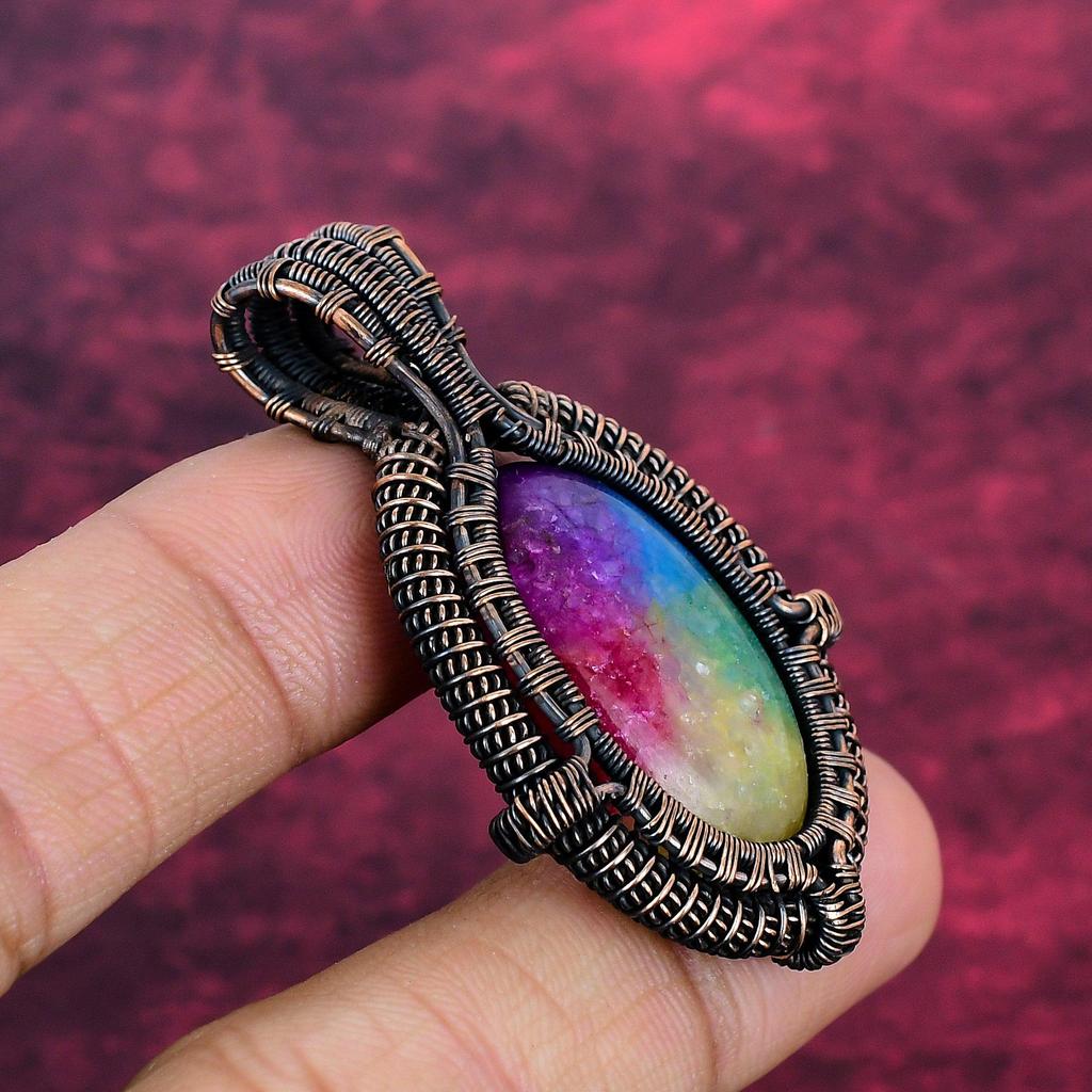 Rainbow Solar Quartz Druzy Gemstone Pendant Copper Wire Wrapped Designer Jewelry