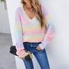 Women's Fashion Rainbow Patchwork Tie-Dye V-Neck Pullover Casual Knitted Sweater