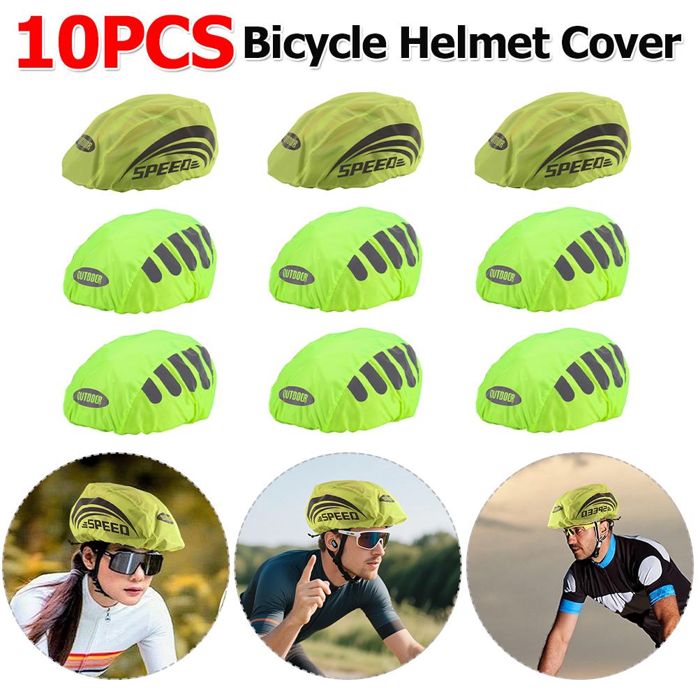 10PCS Cycling Helmet Cover with Reflective Strip Waterproof and Windproof Safety Riding Hat Adjustable Bicycle Helmet Cover