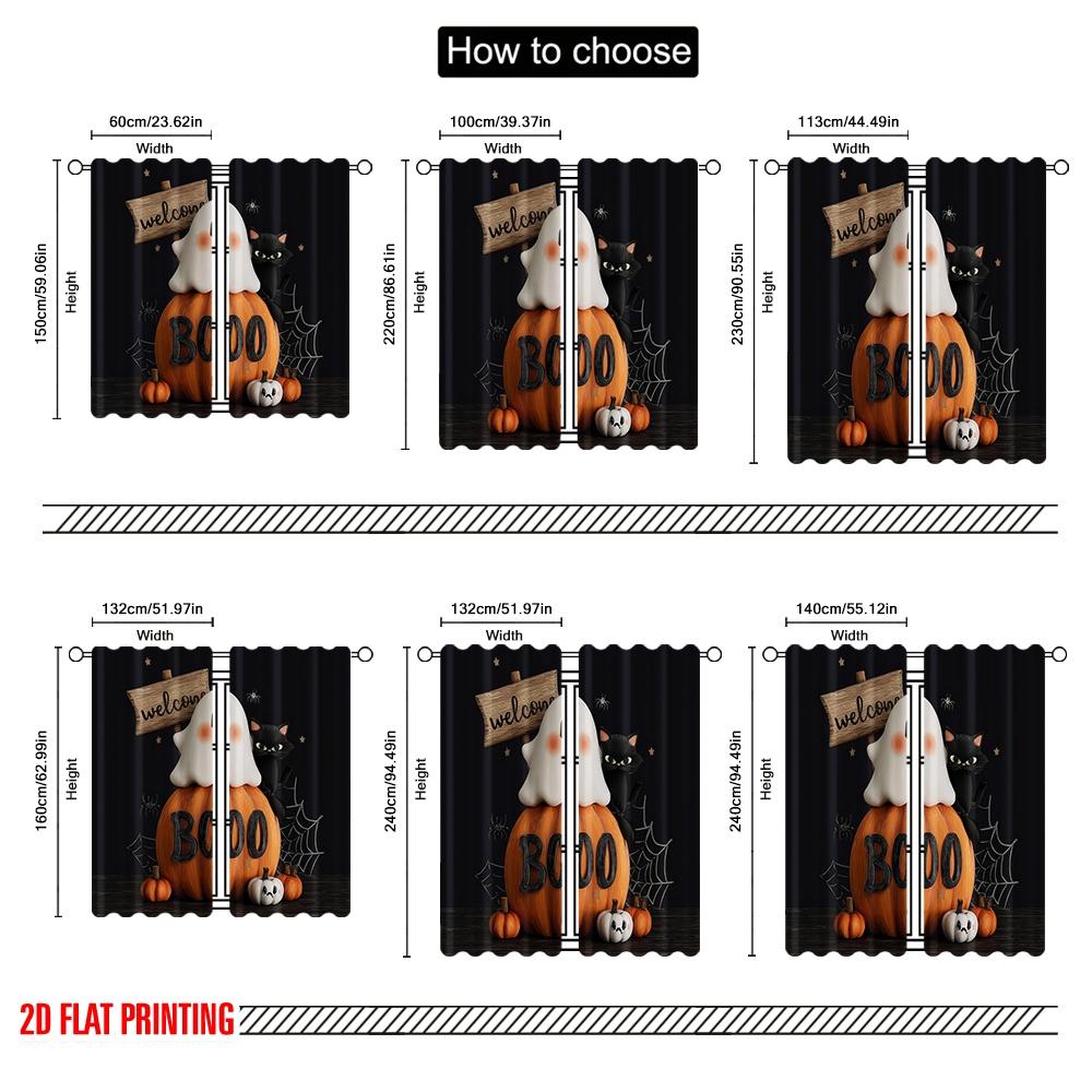 2pcs,2D Plane Printing Popular Curtains Black Cat_ Bats & Pumpkins Versatile Polyester (without Rod) Festive Perfect for Living
