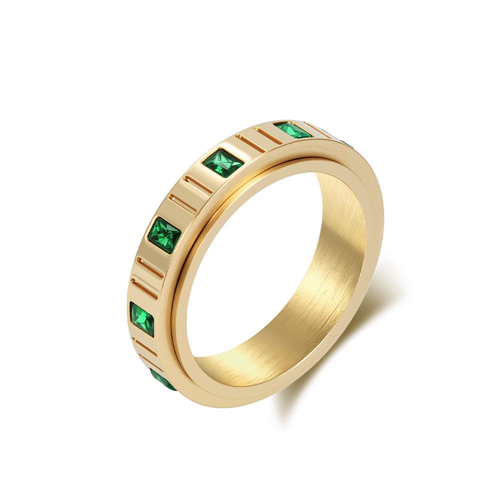 High-End European American Emerald Zircon Rotating Ring for Women - Stylish, Elegant, Stress-Relief Stainless Steel Jewelry