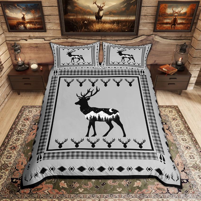 Homewish Rustic Deer Bear Duvet Cover Set Woodland Animal Checkered Quilt Cover Set Farmhouse Lodge Cabin Bedding Set