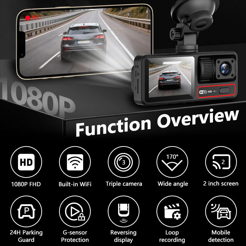 3-Lens Dash Cam, 3-Channel Recording, WiFi, HD, Phone Sync