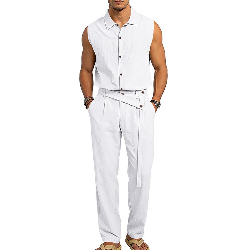 Men's European Summer Linen Sleeveless Shirt & Long Pants Set - Breathable & Trendy Two-Piece