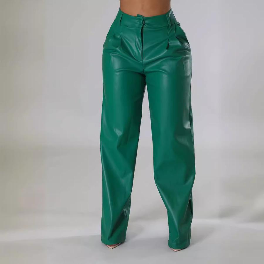 New Autumn Winter PU Women's Wide Leg Pocket Casual Leather Pants