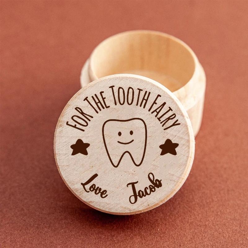 1PCS Free Personalized Tooth Fairy Wooden Box Round Tooth Fairy Holder Birthday Gift for Girls Boys Name Milk Tooth And Curl Box