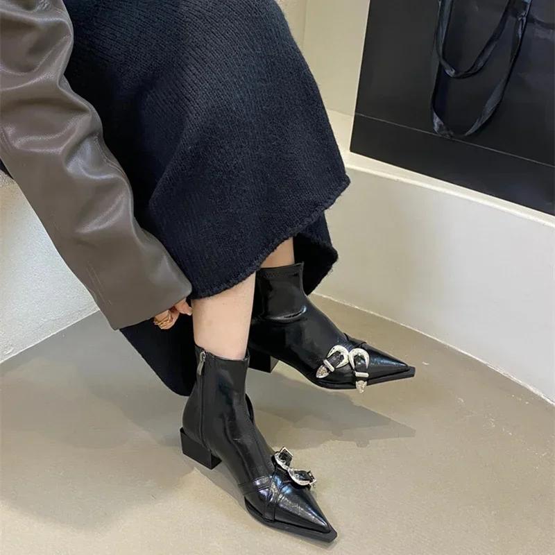 Fashion Designer Pointed Toe Women Ankle Boots Fashion Thick Heel Slimming Short Booties Autumn Winter Female Shoes