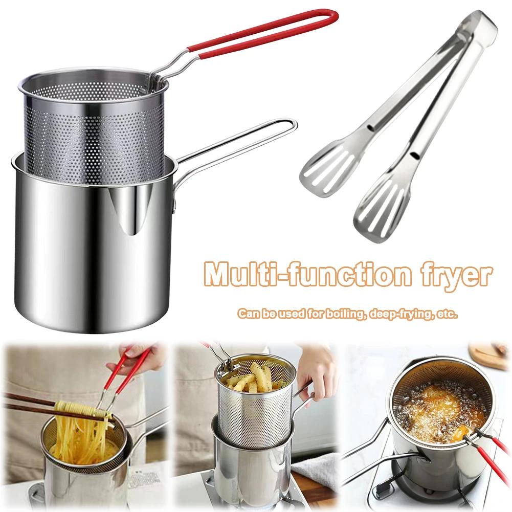 Kitchen Fryer with Strainer & Food Tongs Stainless Steel Tempura Small Deep Frying Pan Deep Fryer Pot for Kitchen Fried Chicken