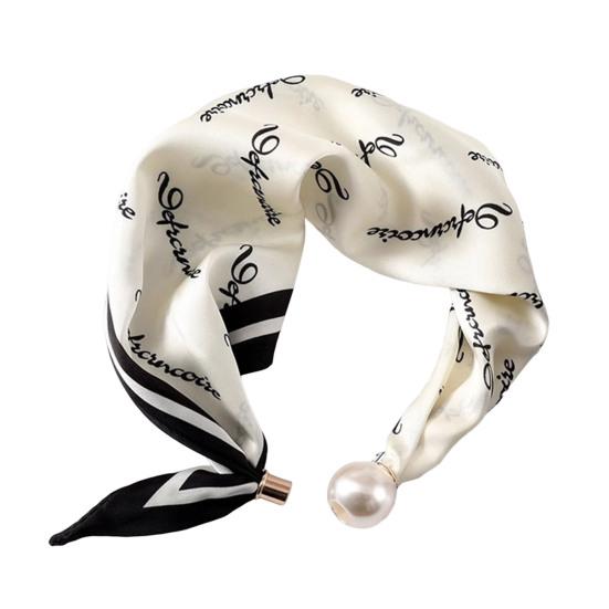 Women Silk Scarf Striped Leopard Dot Print Silk Scarf Necklace with Faux Pearl Magnetic Buttons Formal Wear Accessories
