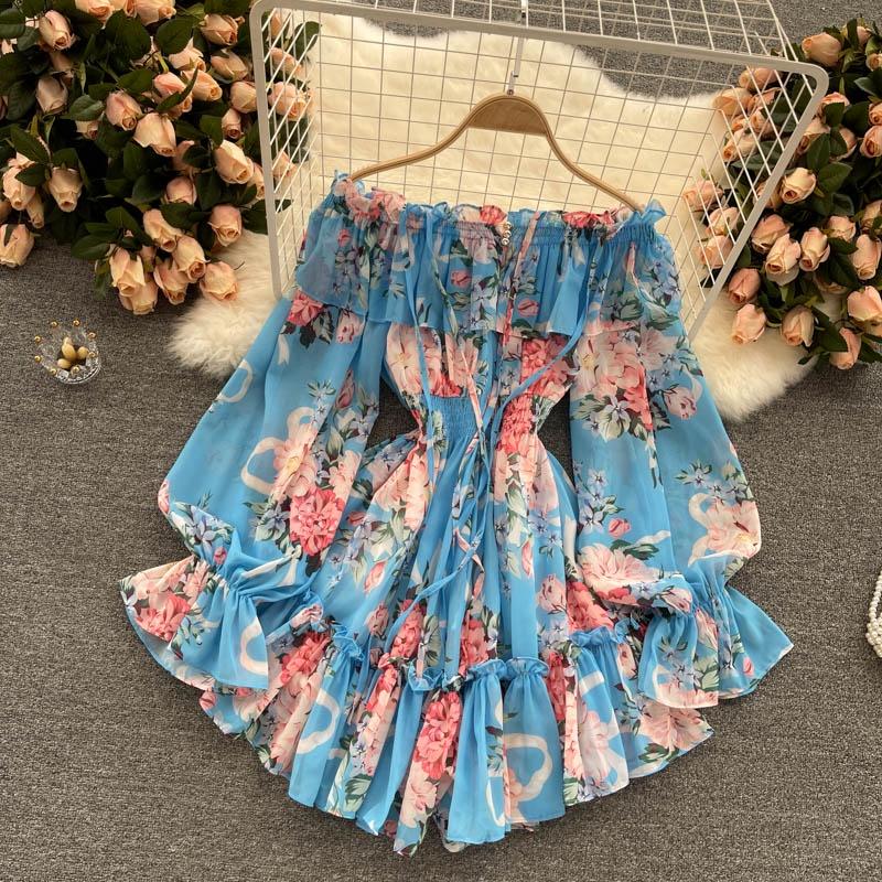 Shirt Dress Pullovers Tops Women Long Sleeves  Loose Beach Vacation Off-the-Shoulder Printed Shirt Tops