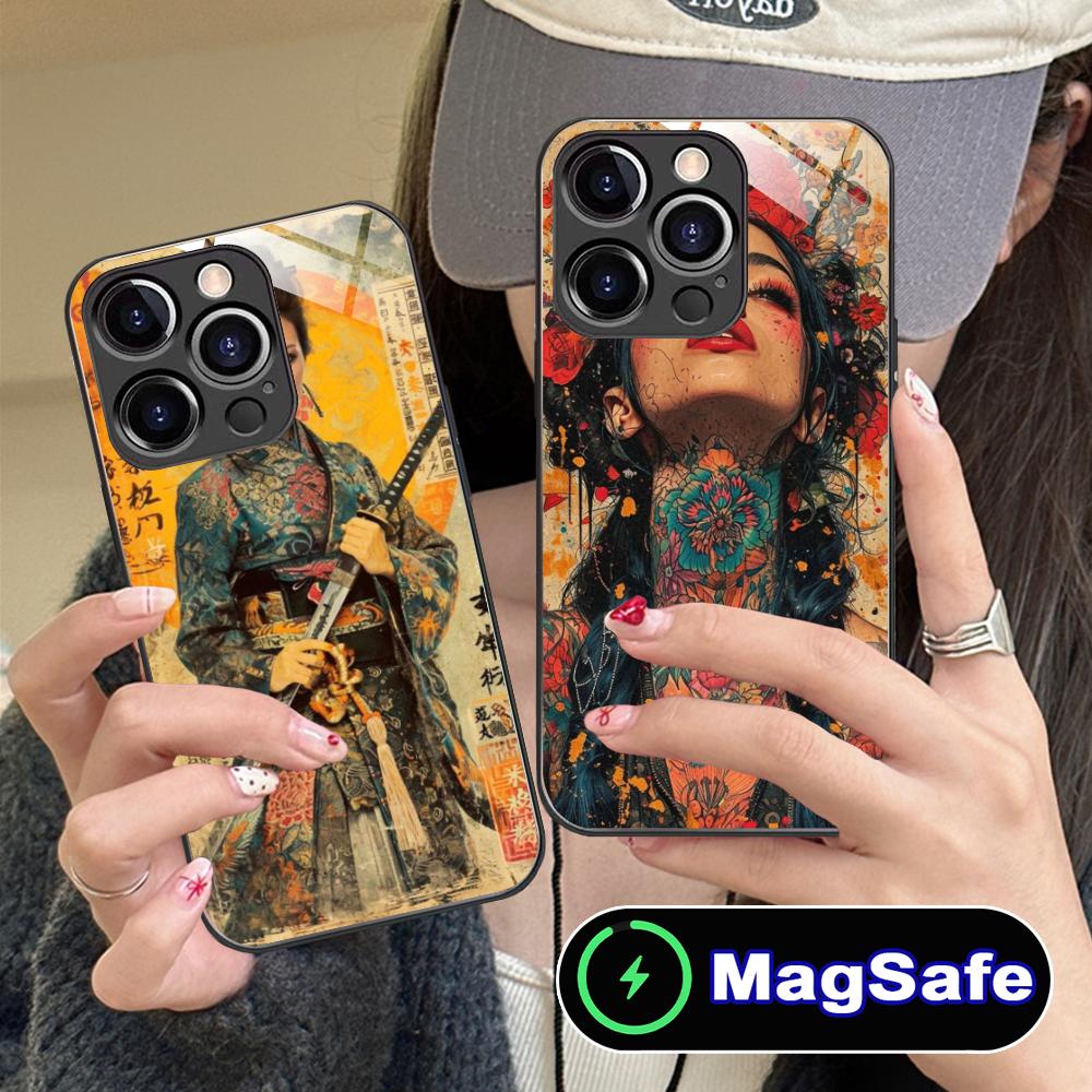 Retro Tattoo Girl Mobile Phone Case for iPhone 17 16 15 14 13 12 11 Air Pro Max Plus Mini MagSafe Glass Colorful Cover Pretty