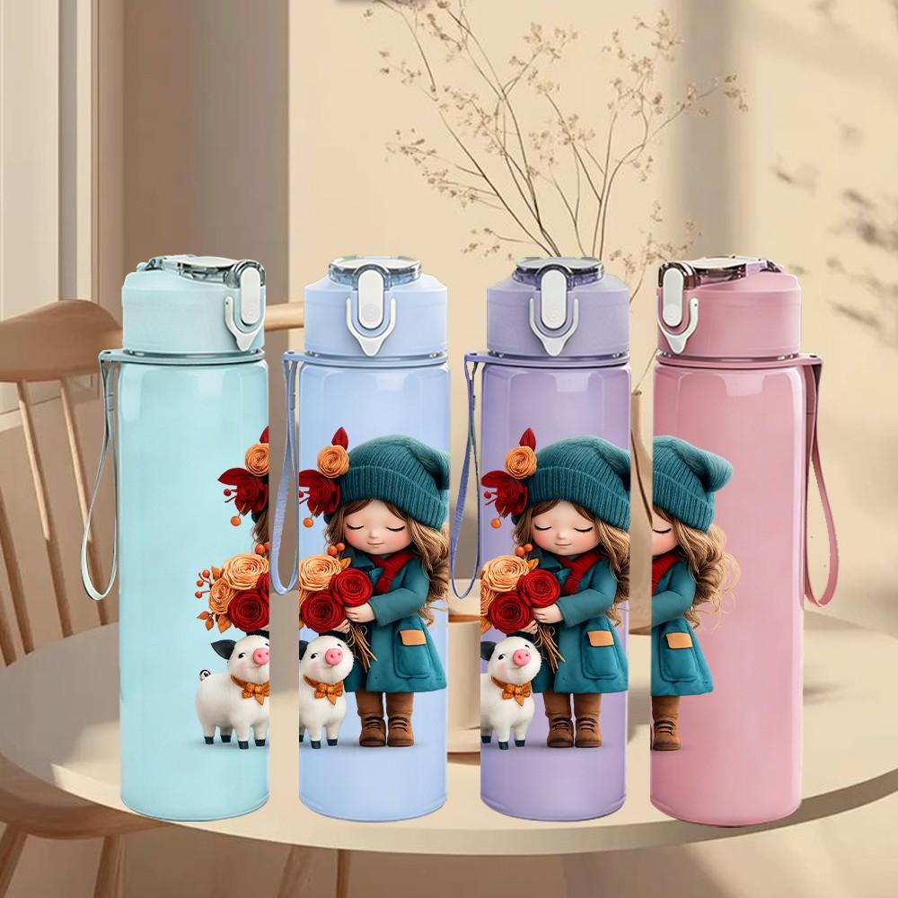 1PC Little Red Hood Girl With Dog Print 750ml Color Plastic Sports Water Bottle Leakproof Flip Straw Lid Suitable for Sports Office Home Use