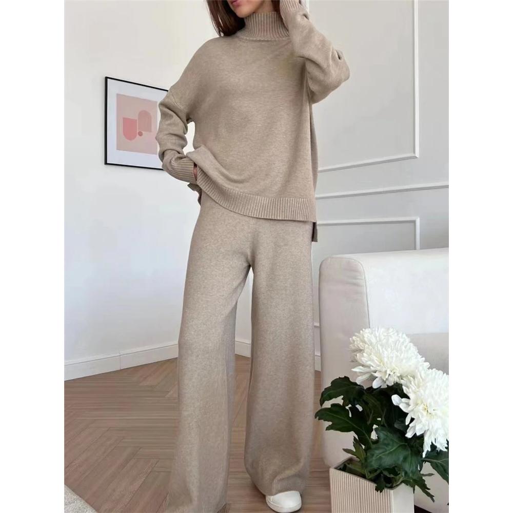 Autumn Winter 2 Pieces Women Sets Knitted Tracksuit Turtleneck Sweater and Straight Jogging Pants Suits