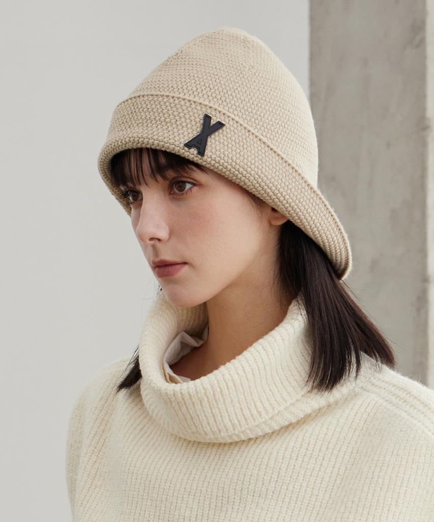 Bajal Va Patch Wide Brim Knit Bucket Hat Beige