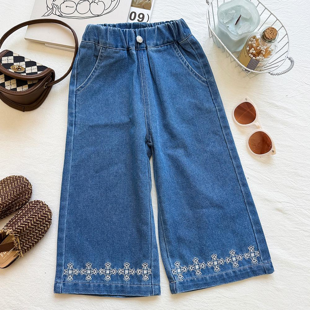 Girls' Soft Denim Vest & Wide-Leg Pants Set with Floral Embroidery - Summer Style Two-Piece Outfit