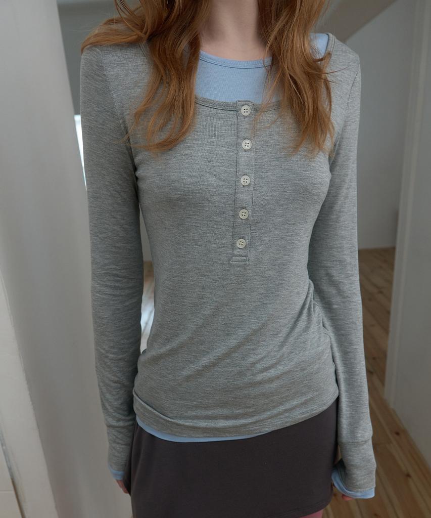 PISCESS Color Block Layered Long Sleeve Tee_Gray