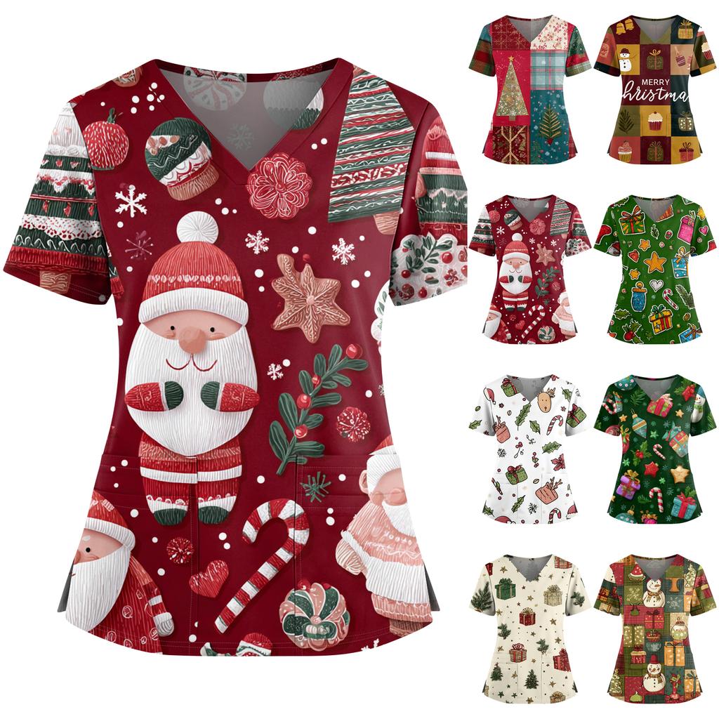 Women's Christmas Print V-Neck Double Pocket Short Sleeves Hem Slit Uniform And Caregiver Top