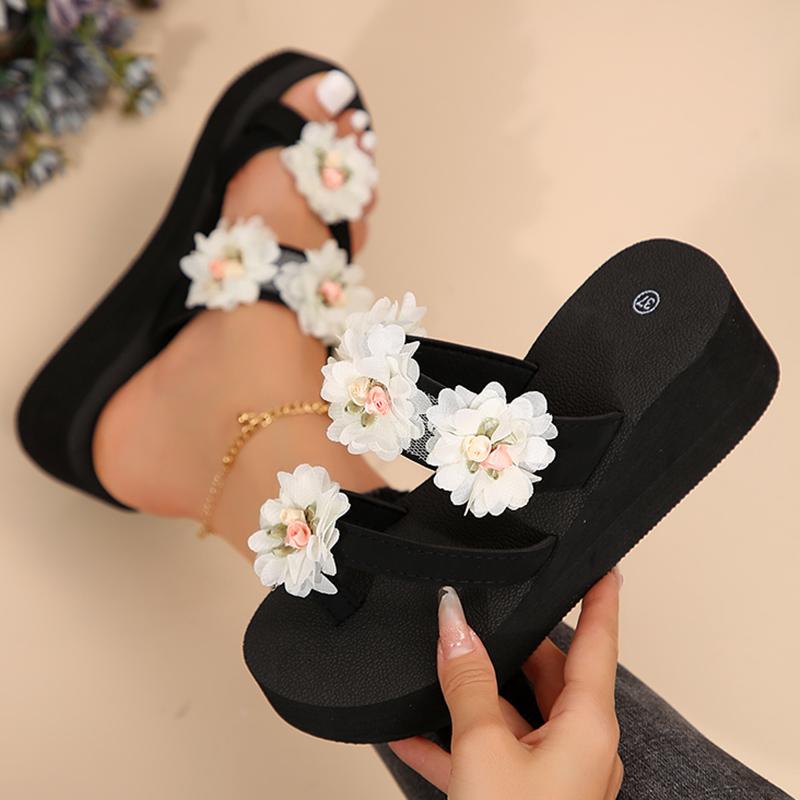 Fashion Brand Designer Mesh Floral Decoration Flip Flops Women 2025 Summer Black Wedge Heels Outdoor Slippers Casual Beach Sandals