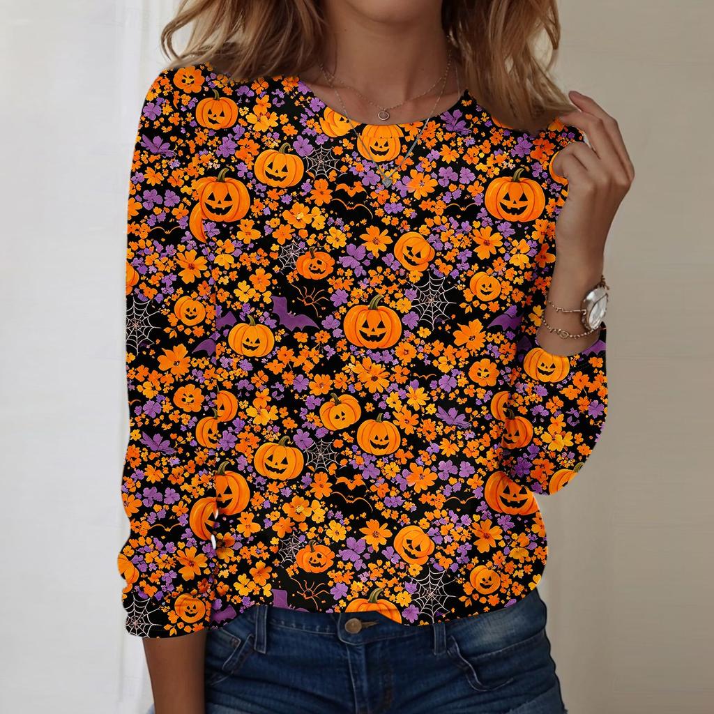 Women's Casual Long Sleeve Pullover Top Halloween Print Round Neck Sweatshirt Comfortable Fit Lightweight Fabric
