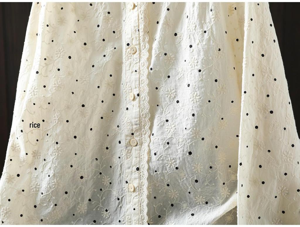 Women's Spring 2026 Polka Dot Lace Collar Cotton Shirt with Embroidered Jacquard Design